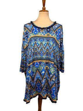 Matthew Williamson Escape Tunic Cover Up Multicolor Geometric Pom Pom Trim 3/4 S